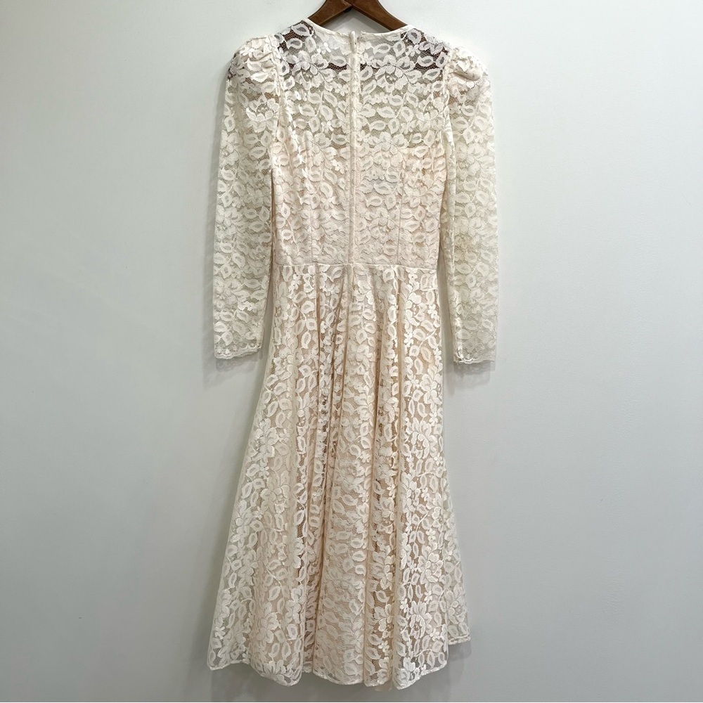 Vintage Cachet by Bari Protas Ivory Lace Midi Dress Wedding Romantic Long Sleeve - Picture 2 of 15